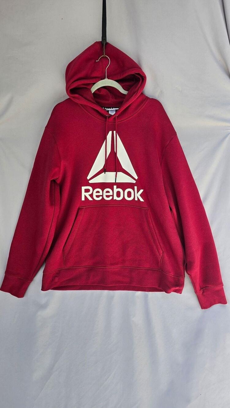 Reebok Hoodie Mens XL Red Graphic Fleece Pullover Front Pocket Sweatshirt *flaw